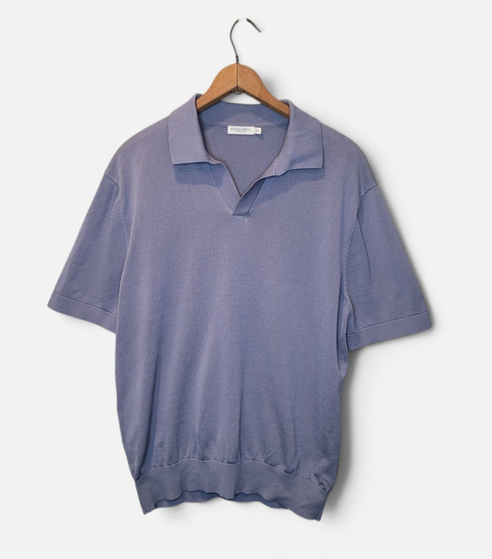 SUITSUPPLY Cotton Silk Light Blue Buttonless Polo Knit Sweater XL Quiet Luxe